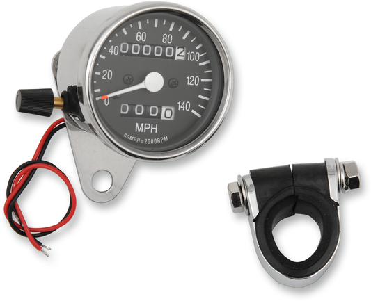 Drag Specialties 2.4-inch MPH mini LED mechanical speedometer with indicators, black face, chrome housing, part #21-6815-BX15