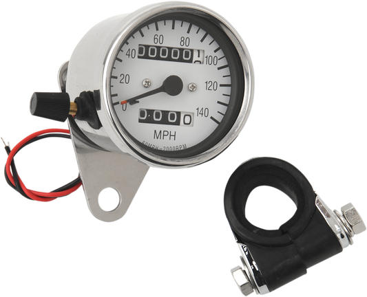 Drag Specialties 2.4-inch MPH Mini LED mechanical speedometer with white face, chrome housing, indicators, and trip function.