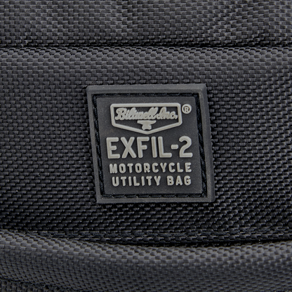 Black Biltwell EXFIL-2 Mini Tank Bag on motorcycle, compact storage solution with durable design, by Bill's Exhausts.