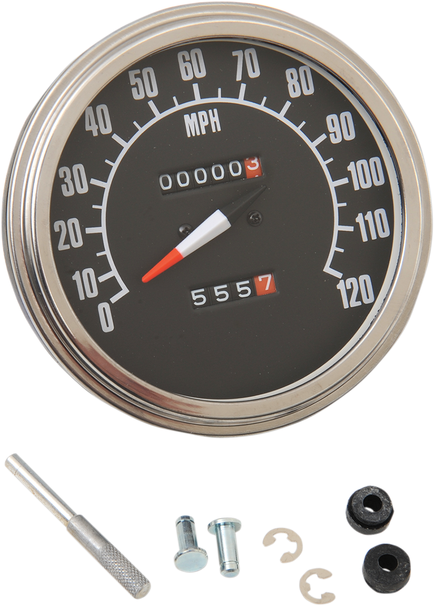 Black face 5-inch MPH FL '68-'84 style speedometer by Drag Specialties with clear numeric markings and a sleek design.