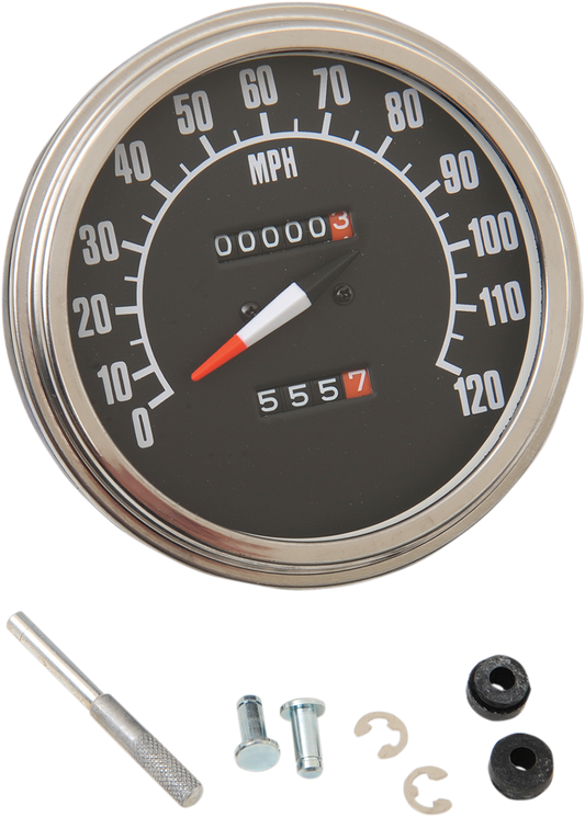 Black face 5-inch MPH FL '68-'84 style speedometer by Drag Specialties with clear numeric markings and a sleek design.