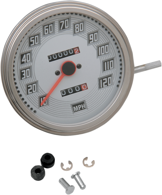 Drag Specialties 5-inch MPH FL-Style 2:1 speedometer with tachometer, billet look white face, motorcycle gauge with mounting hardware