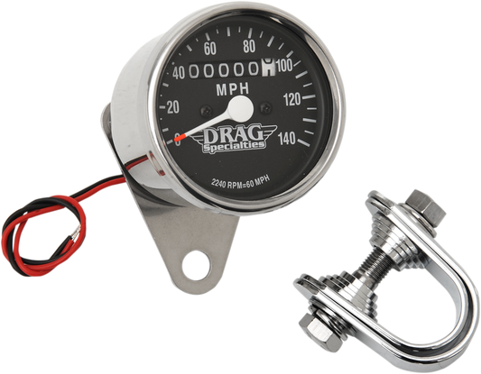 Drag Specialties 2.4-inch MPH mini LED mechanical speedometer with chrome housing and black face for motorcycle displays.