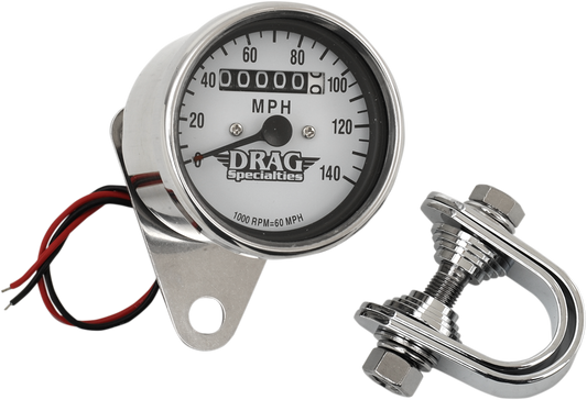 DRAG SPECIALTIES 2.4-inch MPH mini LED mechanical speedometer with chrome housing and white face, showing speedometer dial.