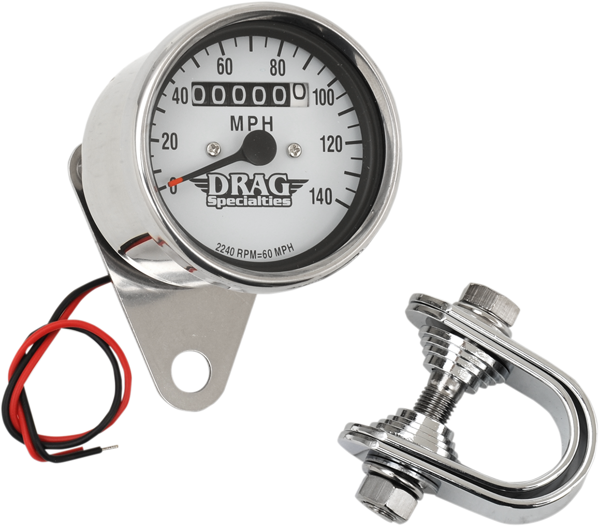 DRAG SPECIALTIES 2.4 inch MPH mini LED mechanical speedometer with chrome housing and white face for motorcycles.
