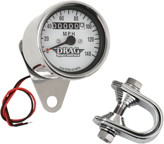 DRAG SPECIALTIES 2.4 inch MPH mini LED mechanical speedometer with chrome housing and white face for motorcycles.