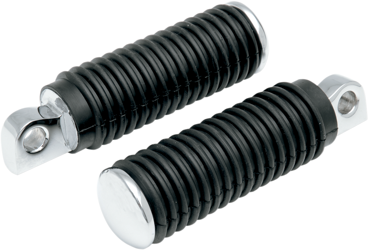 Chrome Drag Specialties passenger foot pegs with rubber sleeves and chrome ends for motorcycle comfort and style.