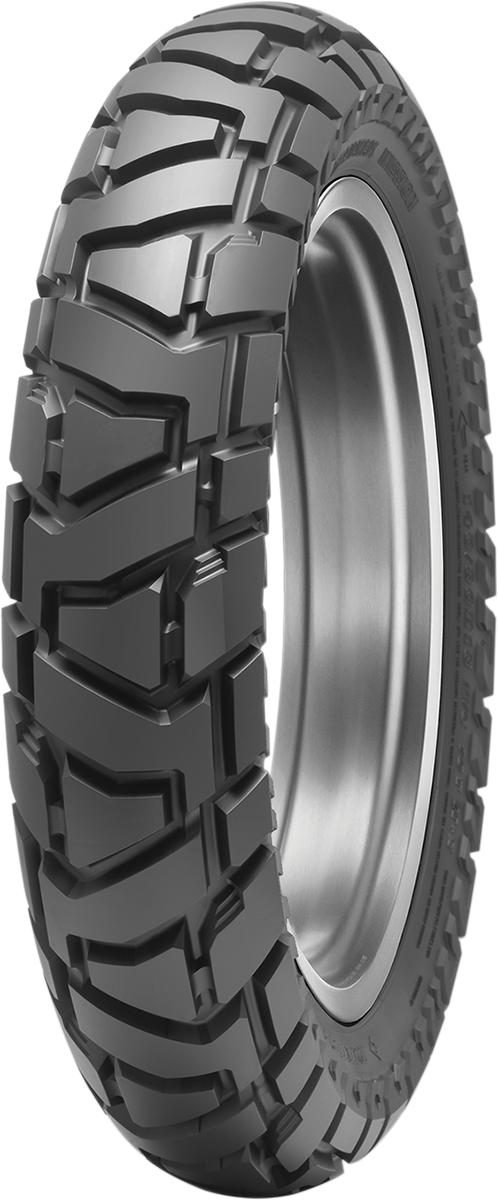 Dunlop Trailmax Mission rear tire 130/80B17 65T for adventure and off-road motorcycle riding, with rugged tread pattern.