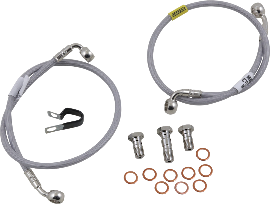 GBRAKES stainless steel brake line FK003D765-2 for enhanced bike stopping power, shown with attached fittings and durable construction.