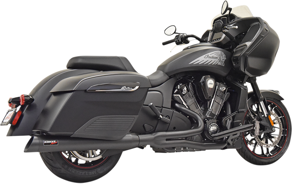 BASSANI XHAUST Road Rage 2:1 exhaust for Dodge Challenger with black finish, showing the sleek motorcycle exhaust system.