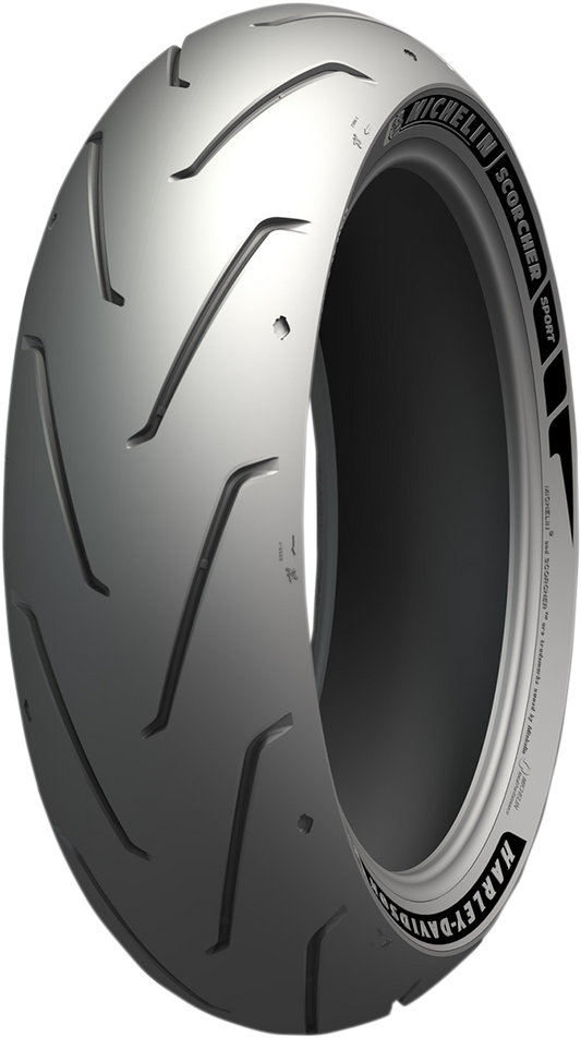 Michelin Scorcher Sport rear motorcycle tire 180/55ZR17 for Harley-Davidson bikes, with tread pattern visible.