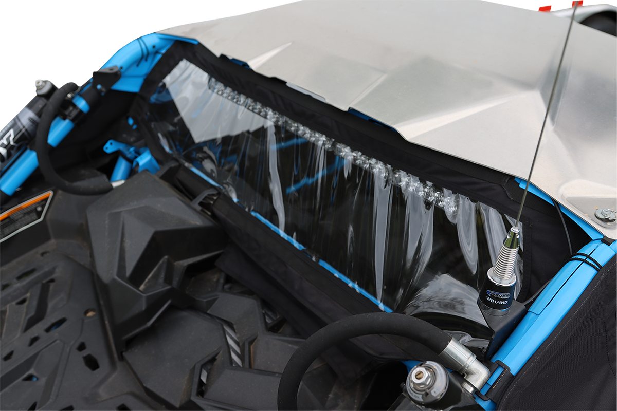 Moose Offroad Maverick X3RW-11 rear windscreens made of heavy-duty rip-stop nylon, shown installed on off-road vehicle.