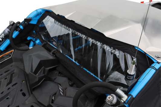 Moose Offroad Maverick X3RW-11 rear windscreens made of heavy-duty rip-stop nylon, shown installed on off-road vehicle.