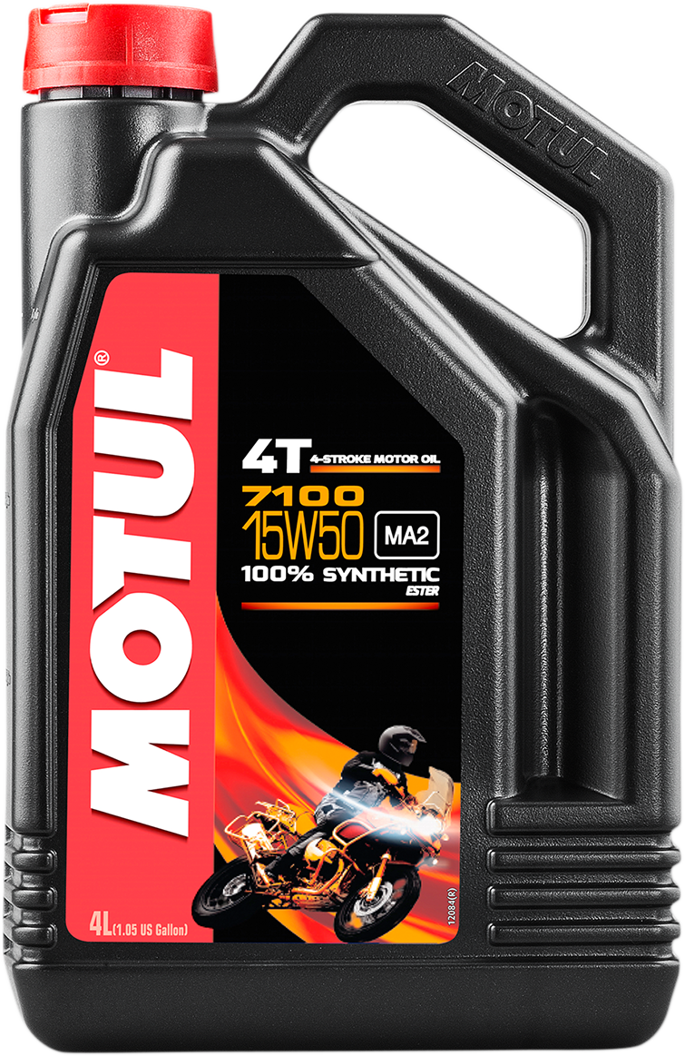 MOTUL 7100 4T Synthetic Oil 15W-50 in a 4L container, used for motorcycle engine lubrication, part number 104299.