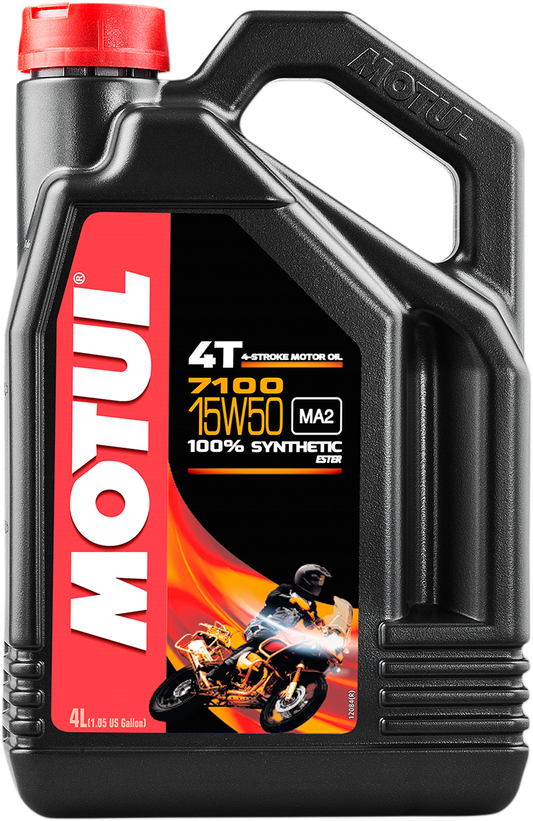 MOTUL 7100 4T Synthetic Oil 15W-50 in a 4L container, used for motorcycle engine lubrication, part number 104299.