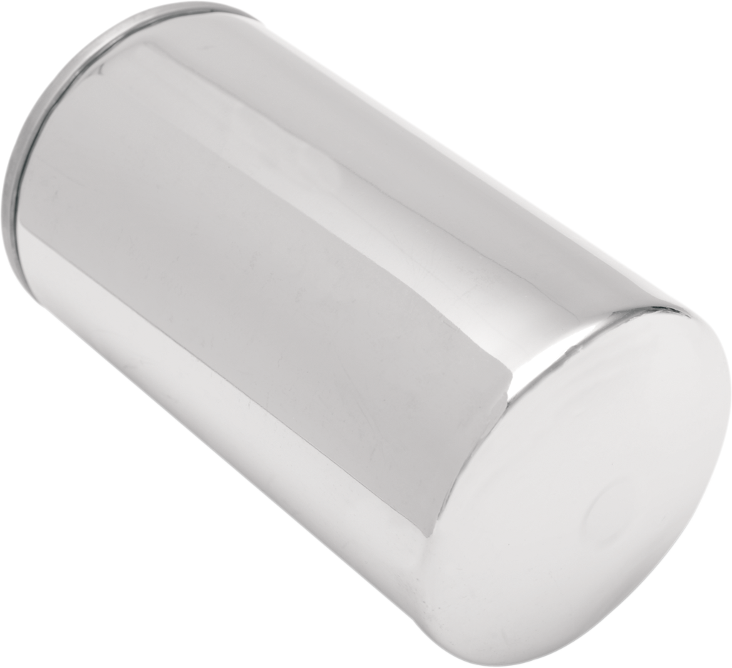 Chrome oil filter for Dyna models by Drag Specialties, featuring a shiny chrome finish and durable construction.