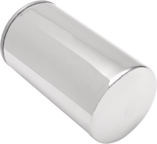 Chrome oil filter for Dyna models by Drag Specialties, featuring a shiny chrome finish and durable construction.