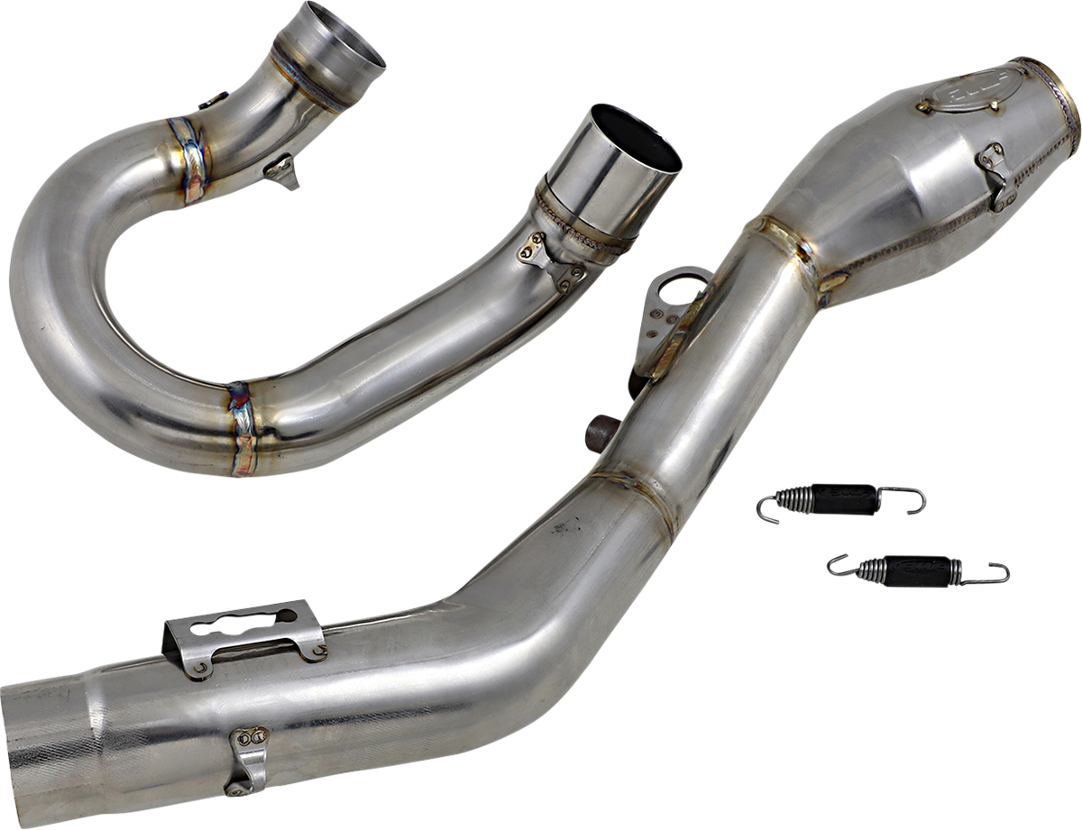 FMF MegaBomb stainless steel header for motorcycle, showcasing the sleek, polished design and durable construction.