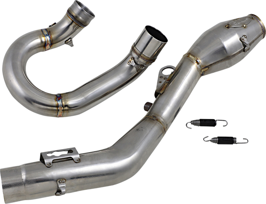 FMF MegaBomb stainless steel header for motorcycle, showcasing the sleek, polished design and durable construction.