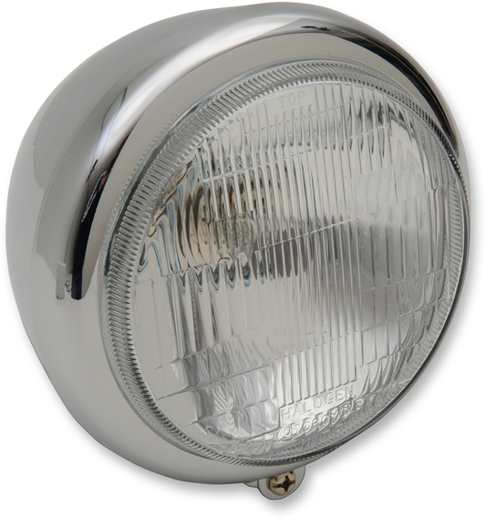 DRAG SPECIALTIES 5-3/4 inch headlight with mounting block and 60/55W H-4 bulb for motorcycle or vehicle lighting.
