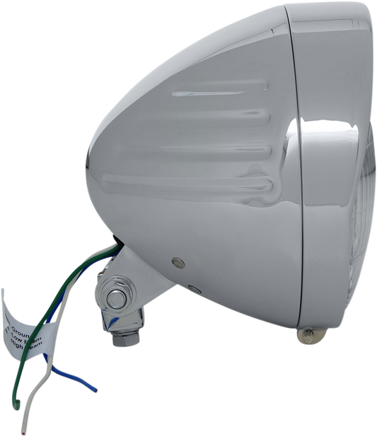 Drag Specialties 6.5-inch headlight with visor, grooved model 20-0338-BXLB1, featuring a chrome finish and integrated visor.