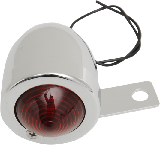 Chrome right-side Bullet Light with red lens and mounting bracket from DRAG SPECIALTIES for motorcycle or bike lighting.