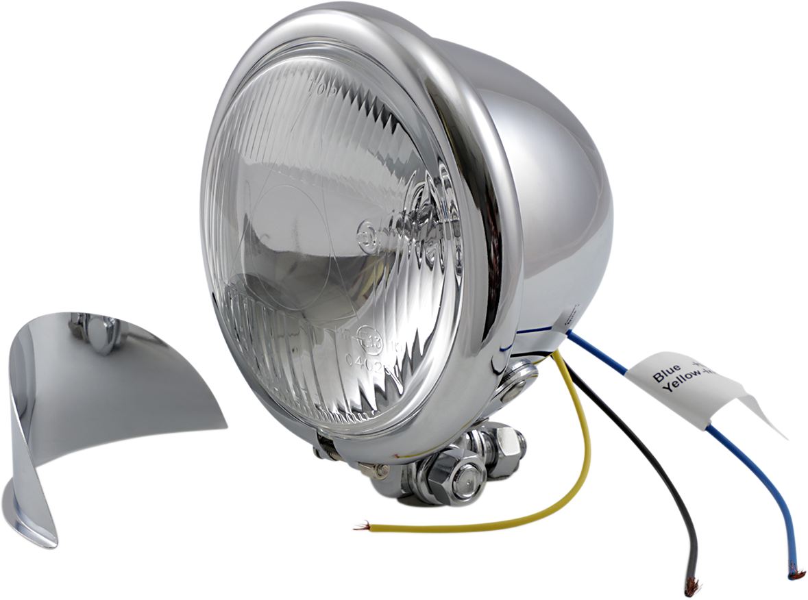 DRAG SPECIALTIES 4.5-inch spotlight with chrome visor and blue indicator light, shown on a motorcycle handlebar.