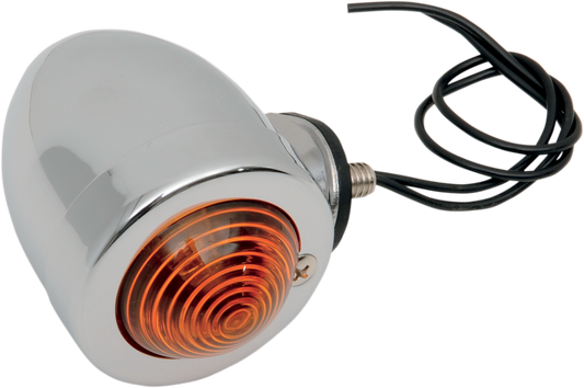 Chrome bullet-style motorcycle tail light with amber lens by Drag Specialties, bottom-mount design, model 162052-BC207.