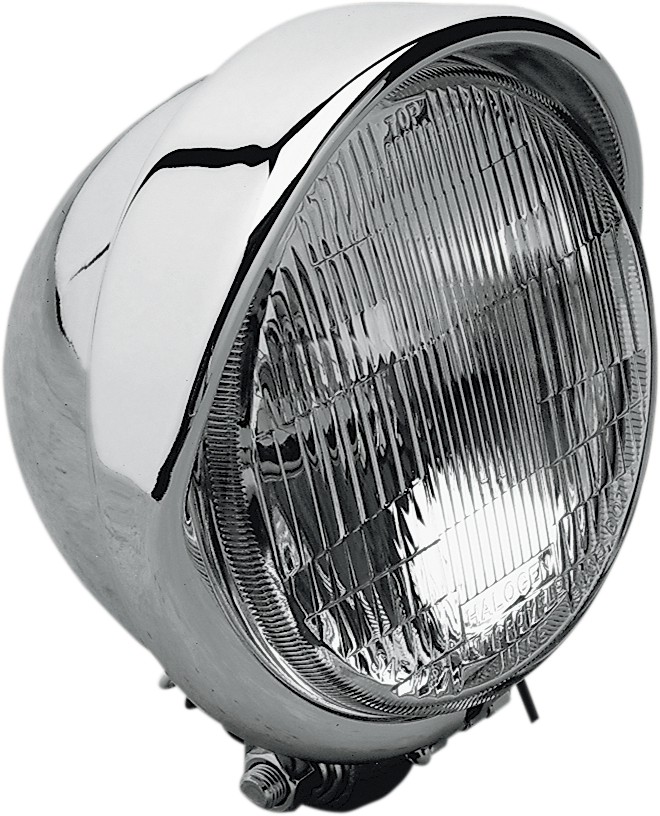 Chrome Harley-Davidson headlight with visor, 5-3/4 inch H-4 for Drag Specialties motorcycle, features a sleek design and durable build.