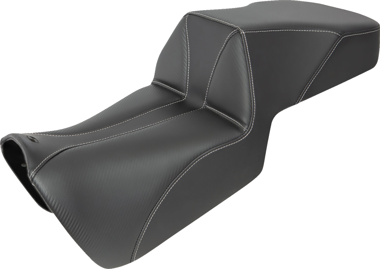 Bill's Exhausts SADDLEMEN Pan America Adventure Tour Seat in carbon fiber and whisper black, showing sleek motorcycle seat design.