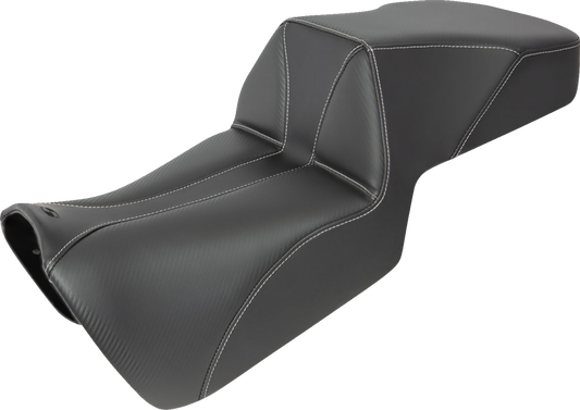 Bill's Exhausts SADDLEMEN Pan America Adventure Tour Seat in carbon fiber and whisper black, showing sleek motorcycle seat design.