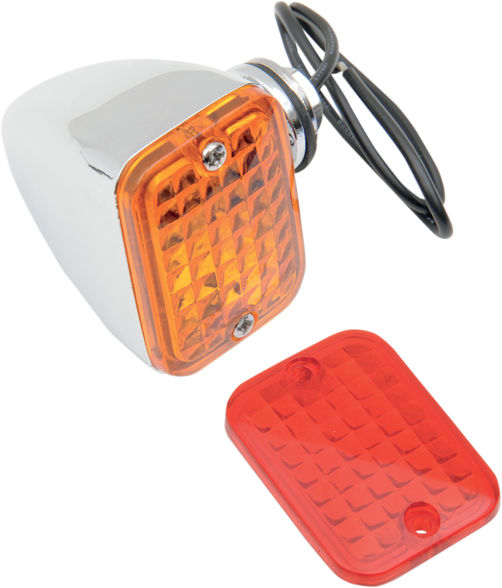 Drag Specialties rectangular market light with amber and red lenses, designed for motorcycle or vehicle visibility.