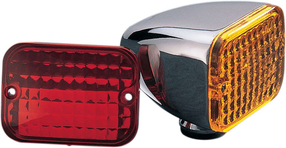 Drag Specialties rectangular market light with dual filament amber and red bulbs, mounted on a motorcycle handlebar.