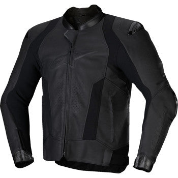 Black Alpinestars Missile v3 leather motorcycle jacket with protective armor, displayed on a hanger against a plain background.