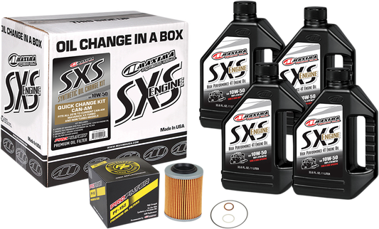 MAXIMA RACING OIL SXS Synthetic Oil Change Kit for Can-Am, includes 10W-50 oil and filter for racing vehicles.