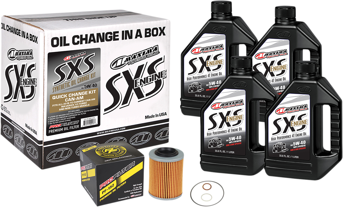 Maxima Racing Oil SXS synthetic oil change kit for Can-Am, 5W-40 motor oil, with oil container and accessories.