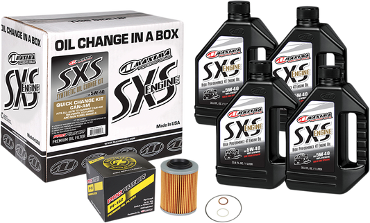 Maxima Racing Oil SXS synthetic oil change kit for Can-Am, 5W-40 motor oil, with oil container and accessories.