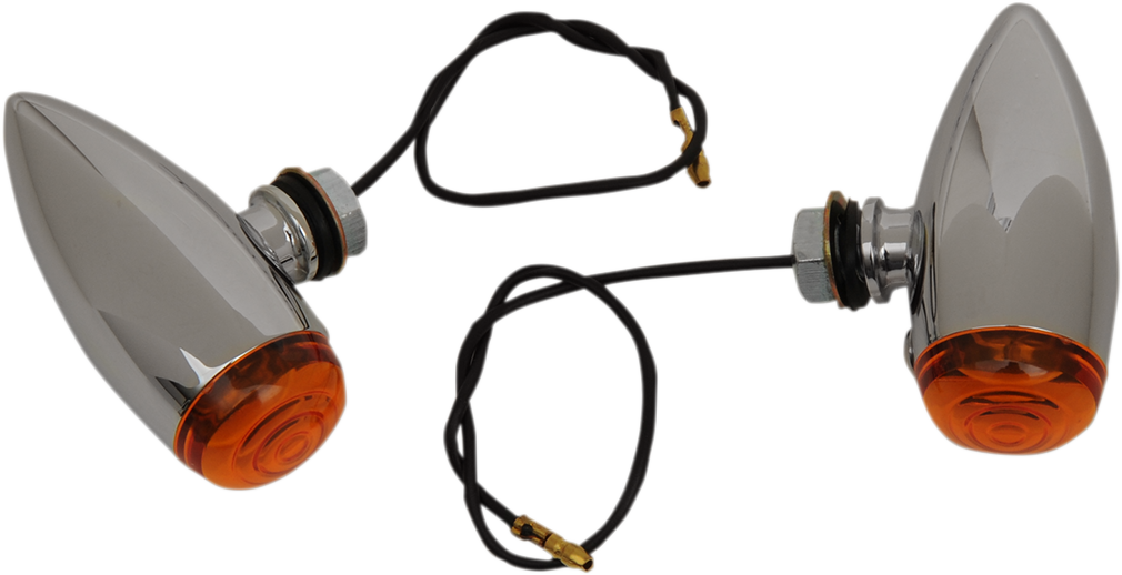 Chrome Bullet Marker Lights with Amber LED lenses by Drag Specialties, designed for motorcycle visibility and style.