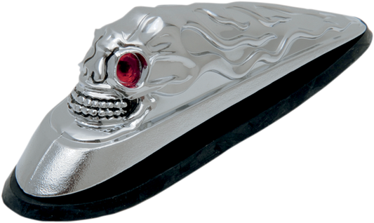 Chrome-finish Skull Head Ornament with illuminated eyes from DRAG SPECIALTIES, showcasing detailed features and reflective surface.