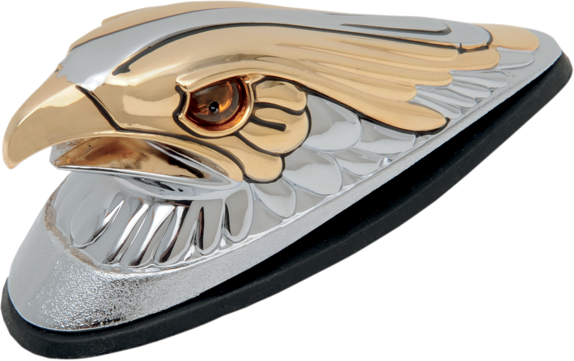 DRAG SPECIALTIES Gold Eagle head with amber eyes, large chrome finish, featuring built-in lights for motorcycle customization.