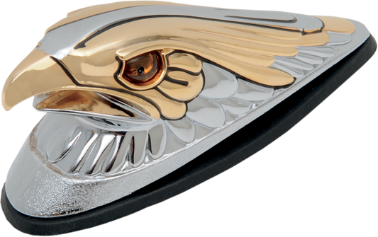 DRAG SPECIALTIES Gold Eagle head with amber eyes, large chrome finish, featuring built-in lights for motorcycle customization.