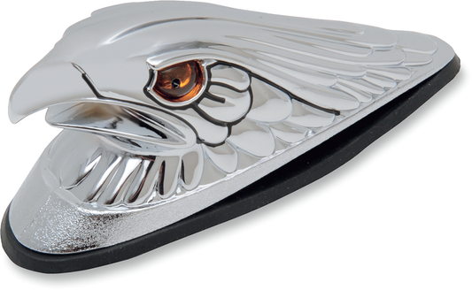 Chrome eagle head fender ornament with amber eyes and lights, designed for Harley-Davidson motorcycles by Drag Specialties.