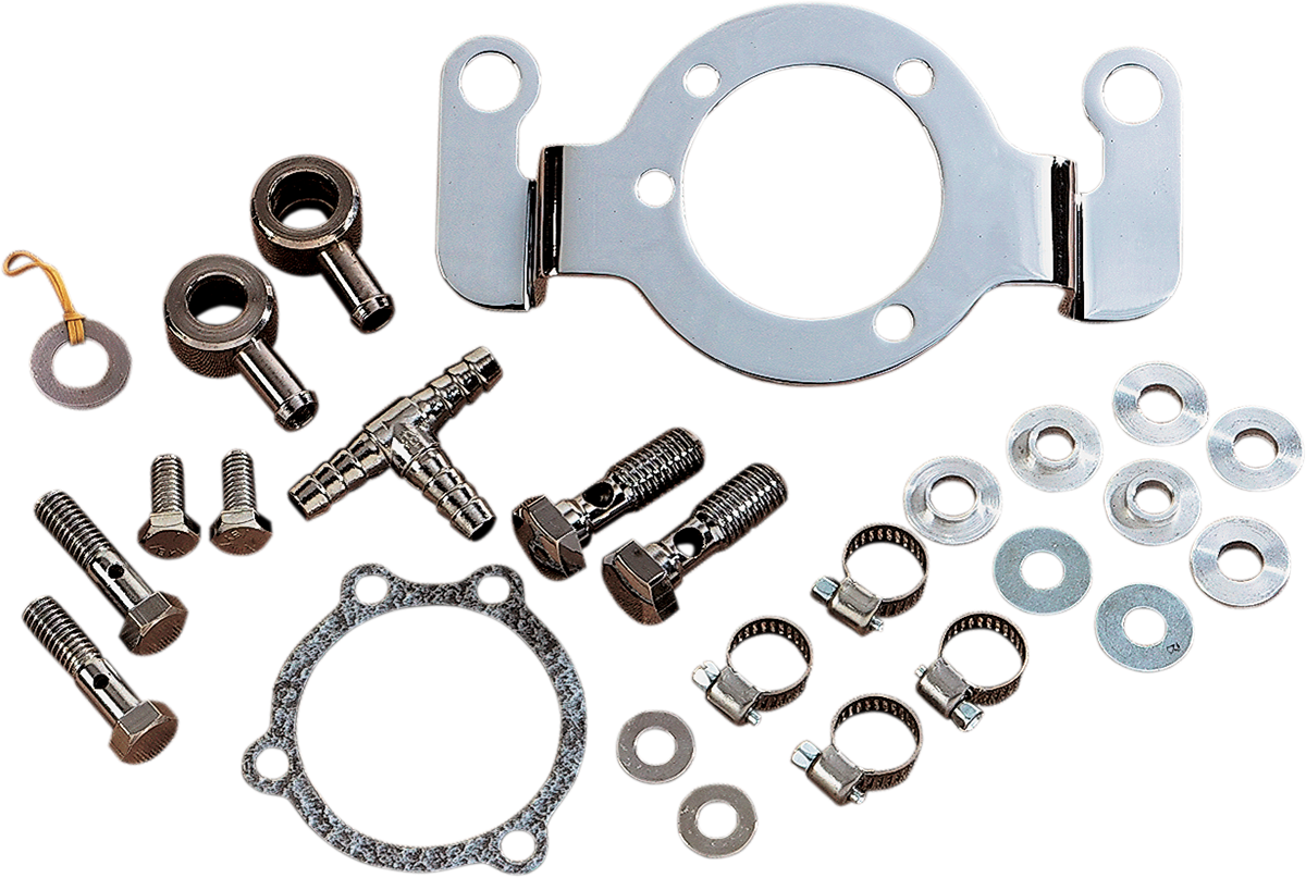 Support bracket kit for Big Twin motorcycles by Drag Specialties, includes mounting hardware and brackets for engine support.