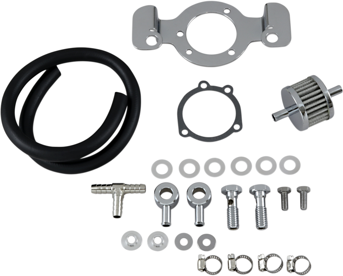 Drag Specialties Harley Sportster crankcase breather kit with support bracket, featuring metal components and mounting hardware.