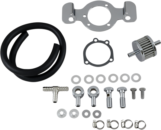 Drag Specialties Harley Sportster crankcase breather kit with support bracket, featuring metal components and mounting hardware.