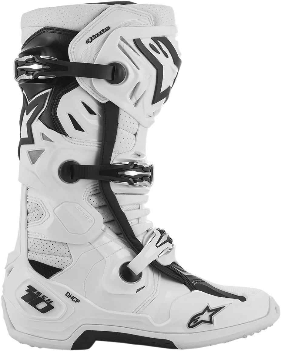 Alpinestars Tech 10 Supervented motorcycle boots in white, US size 14, with protective features and vented design.