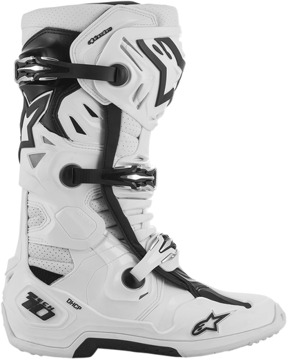 Alpinestars Tech 10 Supervented motorcycle boots in white, US size 14, with protective features and vented design.