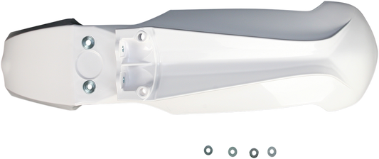 White Acerbis front fender for motorcycle, made of durable body material, designed for motorcycle protection.
