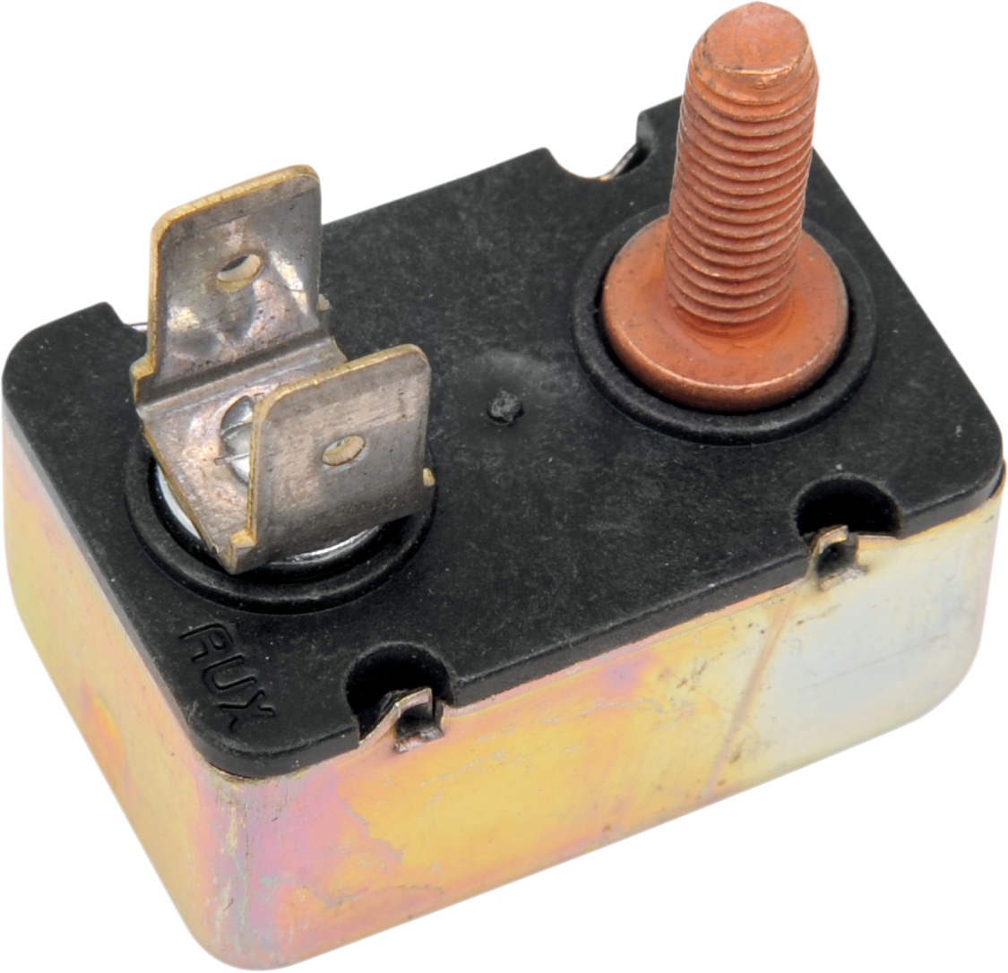 DRAG SPECIALTIES 40A circuit breaker for Harley Davidson motorcycle, showing the compact electrical safety device.