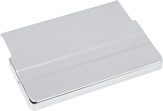 Battery top cover for '65-'84 FLH Harley-Davidson by Drag Specialties, black metal with engraved design, fits model part 13109.